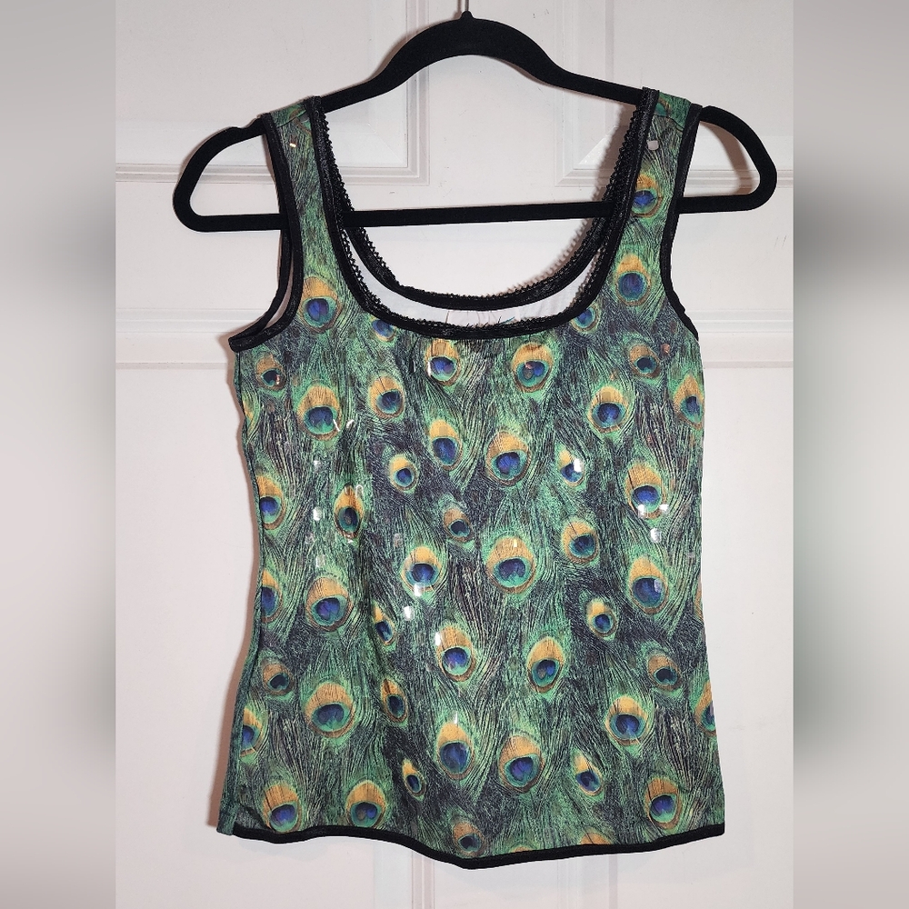 Linda Segal Vintage Peacock Feather Print Women's Sleeveless Top XS